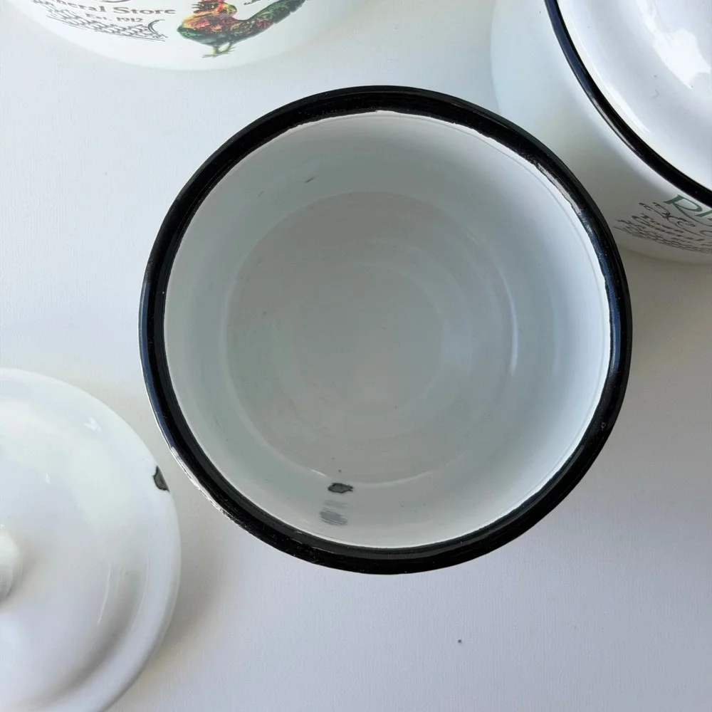 Vintage Rise and Shine Rooster Nesting Enamel Canister 3pc Set Farmhouse